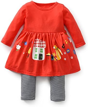 FERENYI Baby Girls Clothes Suit Cartoon Girl Long-Sleeved Dress with Pants Sets (4-10 Months, Red)