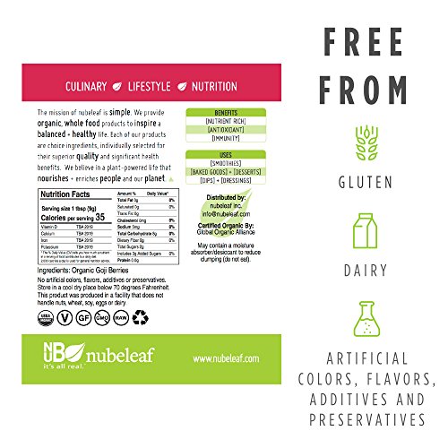 Nubeleaf Goji Berry Powder - Non-GMO, Gluten-Free, Organic, Vegan Source of Essential Vitamins & Minerals - Single-Ingredient Nutrient Rich Superfood for Cooking, Baking, Smoothies (6oz)