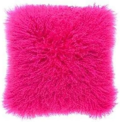 New Hot Pink Mongolian Tibetan Lamb Fur Pillow 20" X 20"