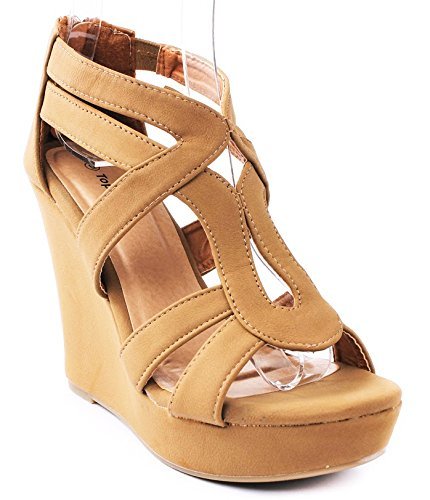 JJF Shoes Lindy-3 Tan Strappy Nubuck PU Comfort Gladiator Dress Platform High Wedge Sandals-9