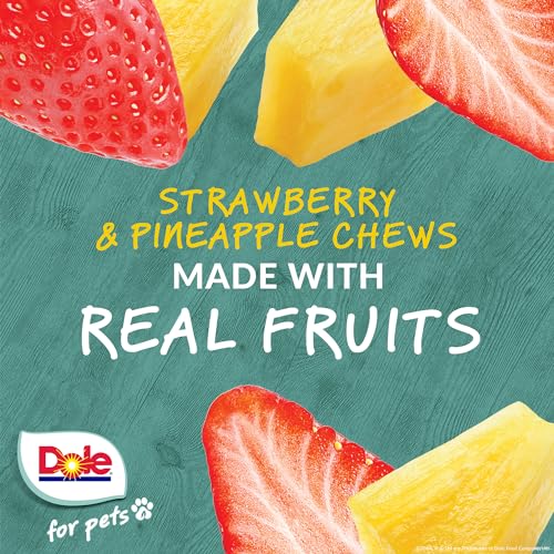 DOLE FOR PETS DOG CHEWS, ASSORTED STRAWBERRY + PINEAPPLE FRUIT-FLAVORED TREATS, REAL FRUIT FLAVOR, NO ARTIFICIAL COLORS FLAVORS OR PRESERVATIVES, NO WHEAT CORN SOY, 7.05 OZ BAG