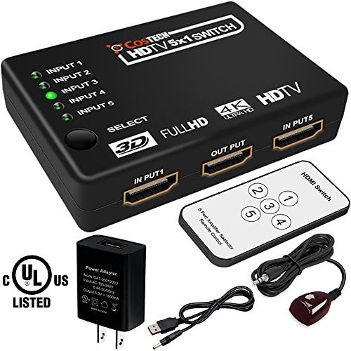 5-Port HDMI Switch,Costech 5 in 1 out HDMI Switcher HDMI Splitter with IR Wireless Remote, High Speed HDMI Converter, Support Full 3D 4k x 2k for Blu-ray/PS3/PS4/XboxOne/Xbox360/HD-DVD/HD-DVR and more
