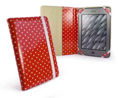 Tuff-Luv Slim Book-Style fabric case cover for Pocketbook 611 & Touch 622 / Bookeen Cybook Odyssey / Trekstor Pyrus 6 eBook eReaders - Raspberry: Polka-Hot