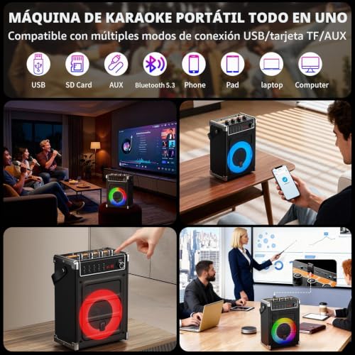 JYX Karaoke Machine with Two Wireless Microphones, Bass/Treble Adjustment and LED Light, TWS Support, AUX Input, FM Radio, REC, Party/Meeting/Wedding Supply - Black
