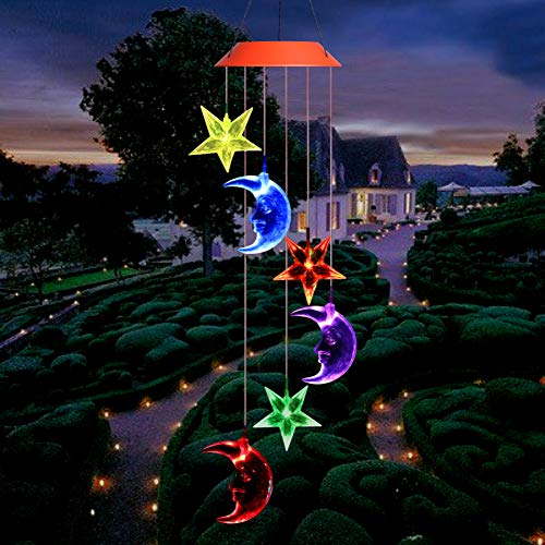 YUMAMEI Solar Wind Chimes Lights, Outdoor Moon and Star Solar Lights, Mobile Wind-Bell, Waterproof Color Changing Wind Chimes, Spiral Spinner Festival Garden Decoration (Moon & Star)