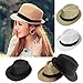 FALETO Unisex Summer Panama Straw Fedora Hat Short Brim Beach Sun Cap Classic (#01 Beige)