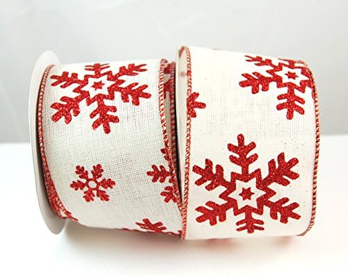 Reliant Ribbon Hopsack Snowflake Glitter Wired Edge Ribbon, 2-1/2 Inch X 10 Yards, White/red