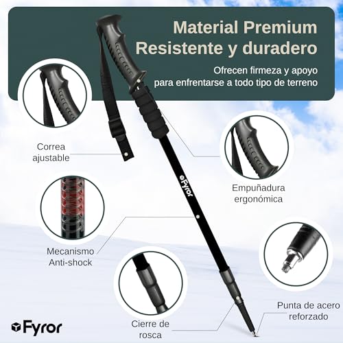 Fyror® 2 x telescopic trekking poles 62-135 cm with anti-shock system. Includes bag and accessories. Hiking sticks, ideal for the Camino de Santiago.
