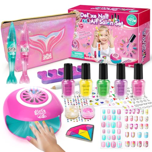 Amagoing Nail Art Kit for Girls, Kids Nail Polish Play Set with Nail Dryer, 2 in 1 Nail Pens,Sticky Cartoon Fake Nail, DIY Sticker, Nail Studio Decora