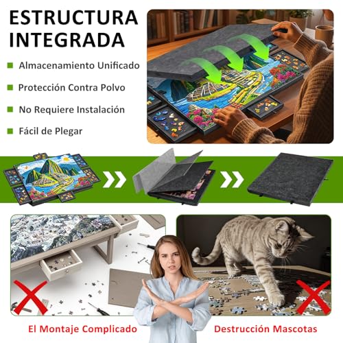 TRYXZSZ Mesa para Rompecabezas de Sintió 1500PCS, Tablero para Rompecabezas de Plegable, Puzzle Board Todo en Uno, con 6 Cajones y Cubierta, No Requiere Montaje, Ligero y Portátil