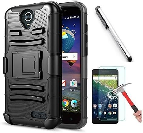 Luckiefind Compatible With ZTE Prestige 2 N9136/Maven 3 Z835/Overture 3/Prelude+ Z851/Prestige N9132/ZFive, Dual Layer Hybrid Side Kickstand Cover Case With Holster Clip. (Holster Black/Black)