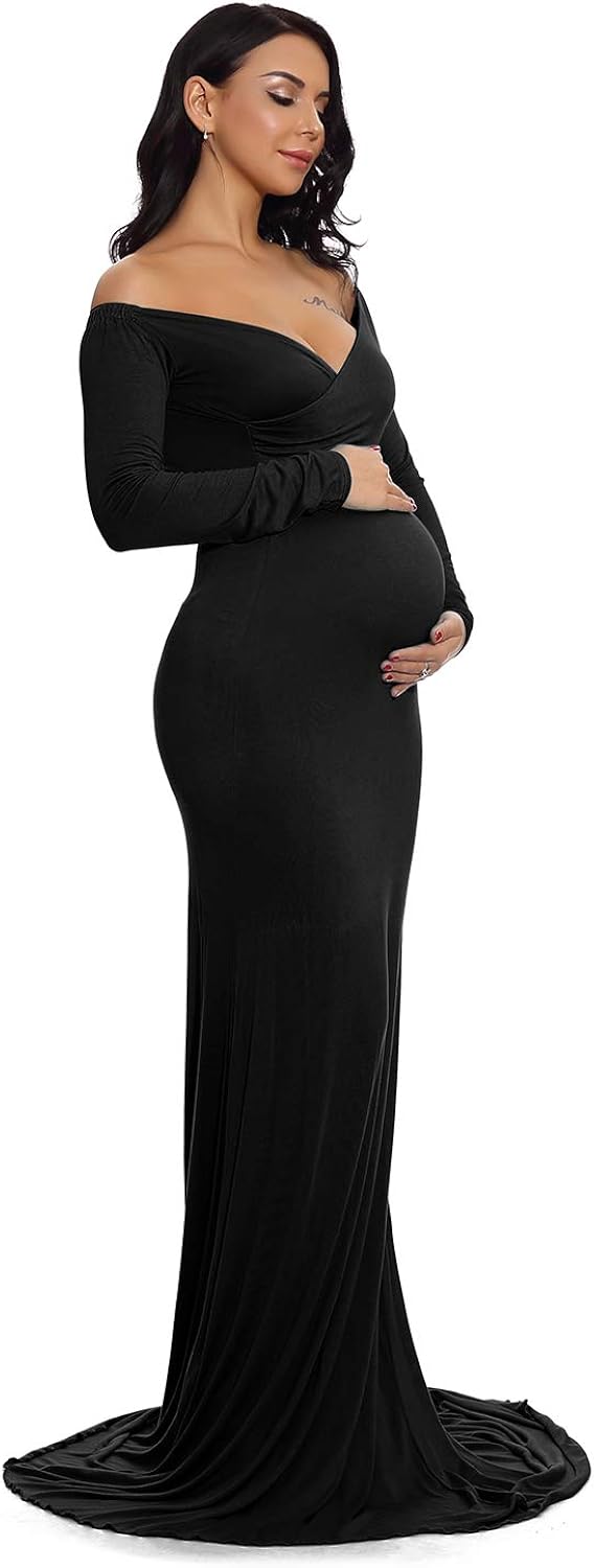 ZIUMUDY Maternity Fitted Gown V Neck Ruched Off Shoulder Long Sleeve Maxi Photography Dress at  Women’s Clothing store