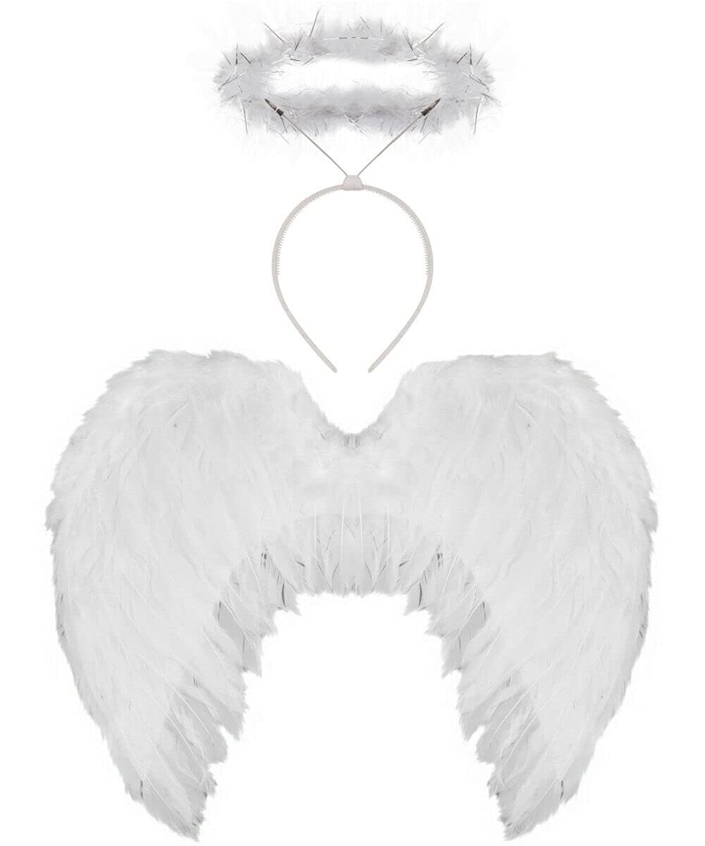Ladies Angel Accessory Set - Large White Feathered Wings + Fluffy White Halo On Headband - Adults Christmas Xmas Party Fancy Dress Accessories (One Size)