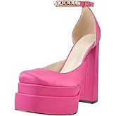 Onlymaker Platform Chunky Heels for Women Square Toe Rhinestone Ankle Strap Satin Pumps Heels
