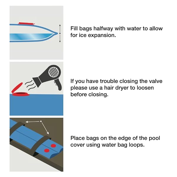 POOL MATE 10 FT. 10-PACK EXTRA STRENGTH BLUE DOUBLE CHAMBER POOL WATER BAGS, DOUBLE SEAMS, .25 MM THICK VINYL, COVER WEIGHTS, OVERSIZED JUMBO SCREW VALVE CAP, WATER TUBES