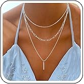 Yheakne Vintage Layered Bar Necklace Choker Vertical Bar Pendant Necklace Silver Paperclip Chain Necklace Geometric Bar Choker Necklace Jewelry for Women