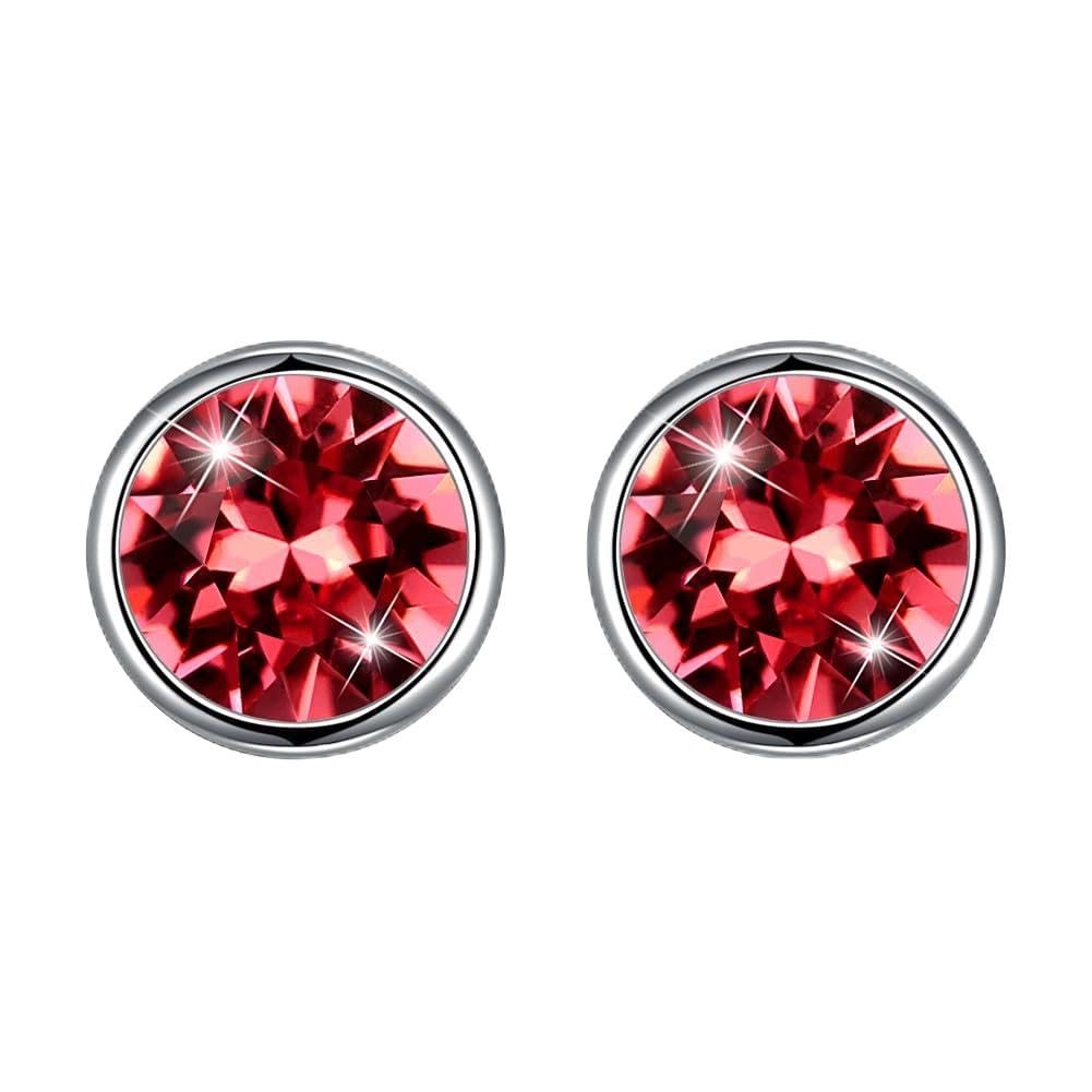 Hanie Silver Stud Earrings for Women, 925 Sterling Silver Crystal Studs Earrings, 8mm Pink Round Small Sleeper Earrings, Unisex Allergen-Free Jewellery for Women Men Girls Boys