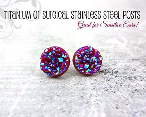 Iridescent Deep Red AB Crystal Faux Druzy Earrings - 10mm or 12mm Size with Titanium or Surgical Stainless Steel Posts Nickel Free for Sensitive Ears - Cranberry Maroon Color Changing Glitter Studs