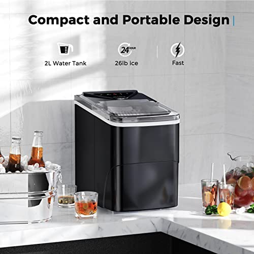 Ice Makers Countertop, Self-Cleaning Function, Portable Electric Ice Cube Maker Machine, 9 Bullet Ice Ready in 6 Mins, 26lbs 24Hrs with Ice Bags and Scoop Basket for Home Bar Camping RV(Black)