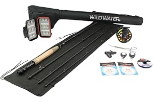 Wild Water Deluxe Fly Fishing Combo Starter Kit, 5 or 6 Weight 9 Foot Fly Rod, 4-Piece Graphite Rod with Cork Handle, Accessories, Die Cast Aluminum Reel, Carrying Case, Fly Box Case & Fishing Flies