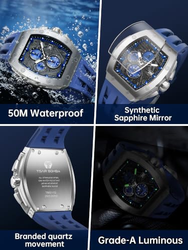 TSAR BOMBA Automatikuhr für Herren Luxuriöse Skelettuhr Barrel für Herren Mechanische Uhr, Wasserdicht BIS 50 Meter Analoguhr