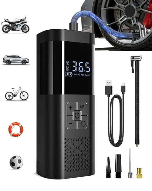 SERVOMASTER Tyre Inflator Air Compressor, Portable Car Tyre Pump with Pressure Gauge, Electric Bike Pump Battery 150PSI 12V DC, Rechargeable Air Compressor with LED for Car Bicycle Motorbike Ball