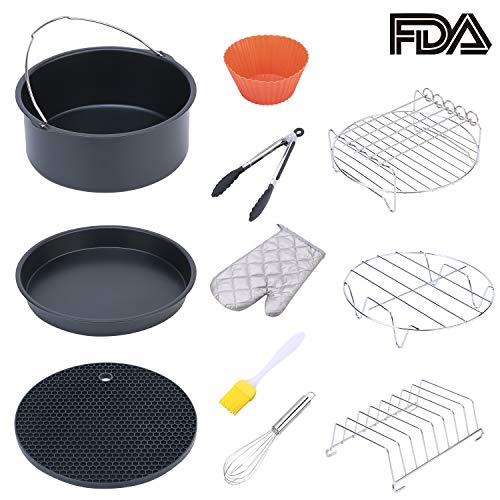 ColorGo Air Fryer Accessories 7 inch Fit all 3.7 QT-5.3 QT, Suit for Philips, Coynza,Gowise Includes Cake Barrel, Pizza Pan, Skewer Rack, Bread Rack,Metal Holder and so on Set of 11 (7 inch)