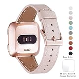 WFEAGL for Fitbit Versa Bands, Top Grain Leather Band Replacement Strap for Fitbit Versa/Versa 2 /Versa Lite/Versa SE Fitness Smart Watch (Pink Sand Band+ Rosegold Buckle)