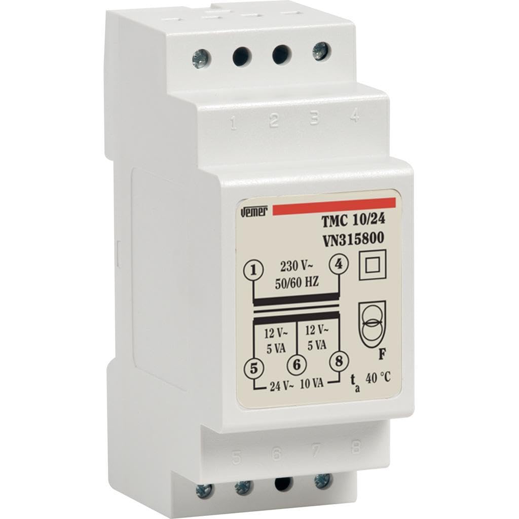 VEMER VN315800 TMC 10VA 230V/12-24V DIN Rail Transformer (70.0 Amps, Failure Proof Insulation), Continuous Service, Made in Italy