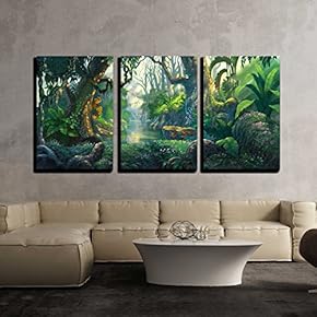 3 Piece Canvas Wall Art - Illustration - Fantasy Forest Background Illustration Painting - Modern Home Art Stretched and Framed Ready to Hang - 16"x24"x3 Panels