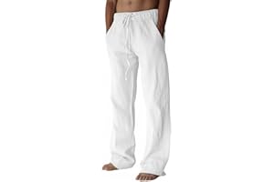 PIDOGYM Mens Cotton Linen Pants, Summer Beach Pants Casual Loose Fit with Elastic Waist Drawstring