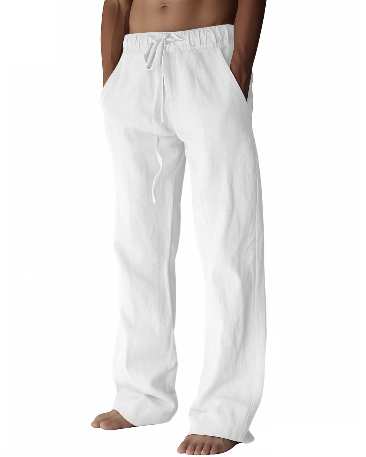 Photo 1 of ***MINOR DAMAGED***
PIDOGYM Mens Cotton Linen Pants, Summer Beach Pants Casual Loose Fit with Elastic Waist Drawstring White