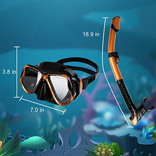 Aritan Snorkeling Snorkel Package Set, Anti-Leak Anti-Fog Coated Glass Diving Panoramic View Clear Tempered Glass Mask, Dry Top Soft Mouthpiece Snorkel Tube, Snorkeling Gear Bag (Golden, Two-Piece)