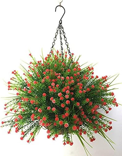 Lopkey Plastic Baby's Breath Flowers Gypsophila Artificial Flower Outdoor Indoor Patio Lawn Garden Hanging Basket with Chain Flowerpot,Red