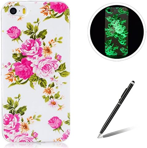 for iPhone 5/5S/SE Case Luminous Effect Back Cover Noctilucent Green Soft Slim TPU Gel Bumper Cartoon Cute Pink Rose Flower