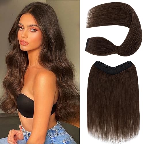 Photo 1 of S-noilite Clip in Hair Extensions - Human Hair, 5 Clips, 3/4 Full Head, V Weft, Thicker Hair Lace Net - One Piece Hair Extensions (20"-70g, #04, Medium Brown)