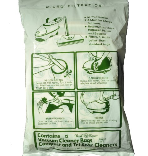 TriStar/Compact Disposable Micron Filtration Bags, Dust Care Replacement Brand, designed to fit Tri Star/Compact Canister Vacuum Cleaners, 99.7 Micro Filtration, 12 bags in pack