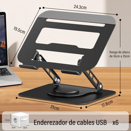 KIROGILY Soporte para Laptop Acero Carbono, Base para Laptop Plegable Estable Antideslizante y Portátil, Enfriadora para Laptop Stand con Base Giratoria de 360° y Altura Ajustable, PC/Tabletas