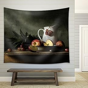 Still Life with Fruits on Wood Table - Fabric Wall Tapestry Home Decor - 51x60 inches
