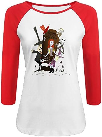 Women's The Nightmare Before Christmas 100% Cotton 3/4 Sleeve Athletic Baseball Raglan T-Shirt Red US Size L