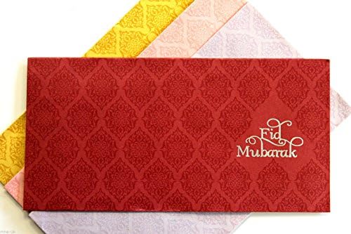 MHA UK branded Eid Mubarak damask printed money envelopes/ Eidi wallets 4colours-Eid decoration (4 ENVELOPES, RED)