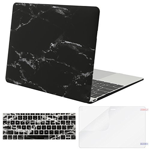 Mosiso Plastic Pattern Hard Case with Keyboard Cover with Screen Protector for MacBook 12 Inch with Retina Display A1534 (Newest Version 2017/2016/2015), Black Marble