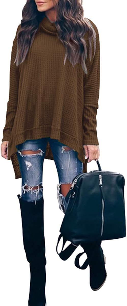 ANRABESS Women Turtleneck Batwing Sleeve High Low Hem Side Slit Waffle Knit Casual Loose Oversized Sweater Tunic at  Women’s Clothing store