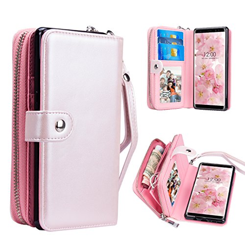 Galaxy Note 8 Case, Note 8 Wallet Case, Pasonomi Magnetic Detachable Removable Wallet Zipper PU Leather Folio Flip Carrying Case with Strap and Credit Card Slot for Samsung Galaxy Note 8 (Rose Gold)