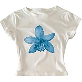 RoseSeek Women's Y2K Floral Graphic Tees Shirts Short Sleeve Crew Neck Summer Crop Tops
