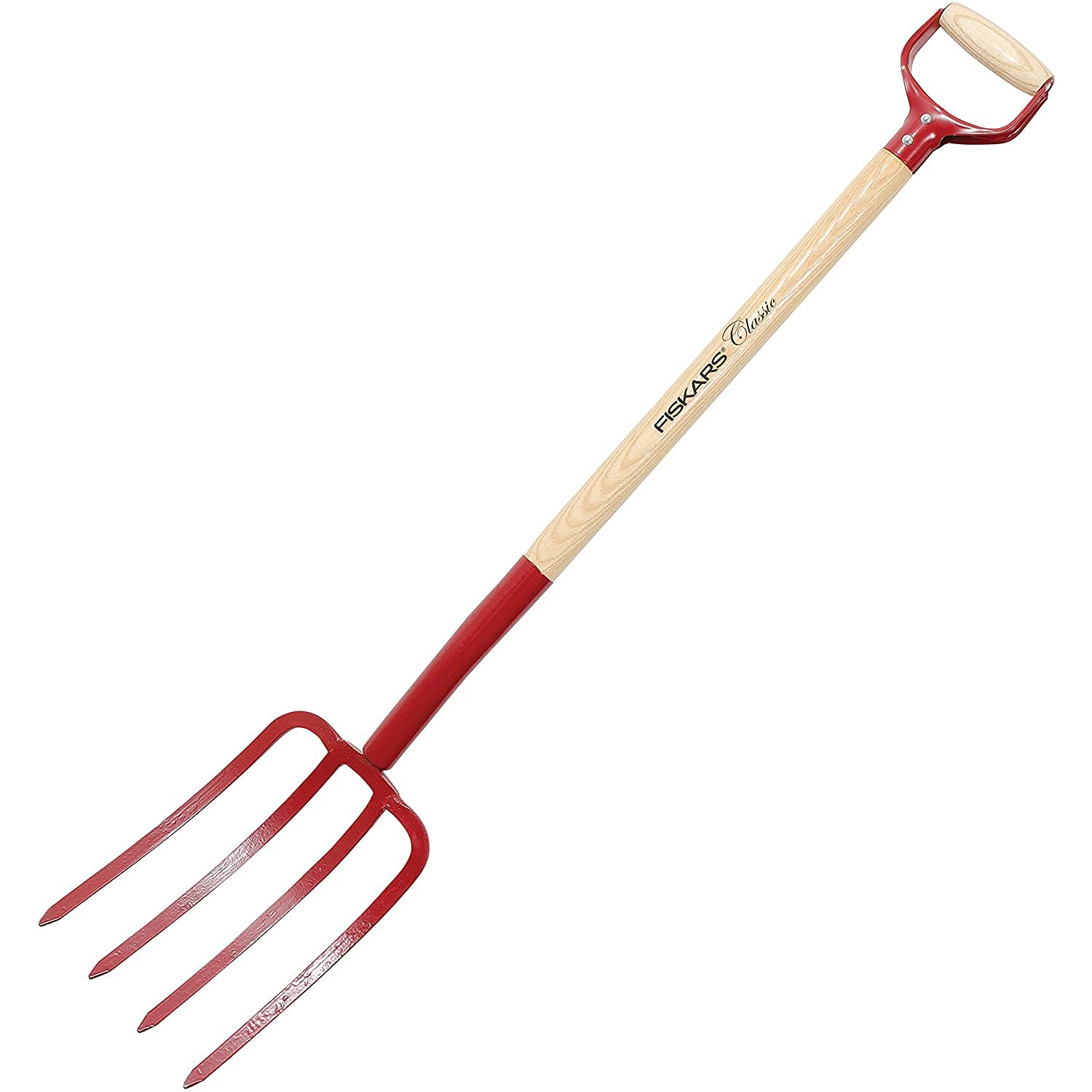 Fiskars Classic Digging Fork, With 4 Prongs, Length: 110.5 cm, Knotless Ash Wood Handle/Steel Prongs, Red, 1003692