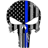 Punisher Skull Thin Blue Line Blue Lives Matter Flag Sticker 5x4” Vinyl Decal For Cars, Trucks Window RV SUV’s & Boats Support Of Police And Law Enforcement Officers (Pack of 1)