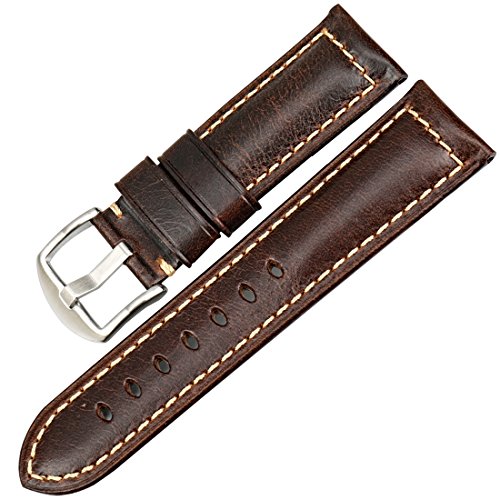 MAIKES Watchband Watch Band Genuine Leather Watch Strap Oil Wax Leather Watch Accessories (24mm, Dark Brown+Silver)