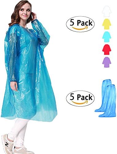 Rain Poncho for Adults (5 Pack) with Drawstring Hood and Elastic Sleeve Ends ,Thicker Material Emergency Disposable Rain Poncho Family Pack, 5 Pairs Waterproof Rain Boot Shoe Cover as Gift (5 Pack)