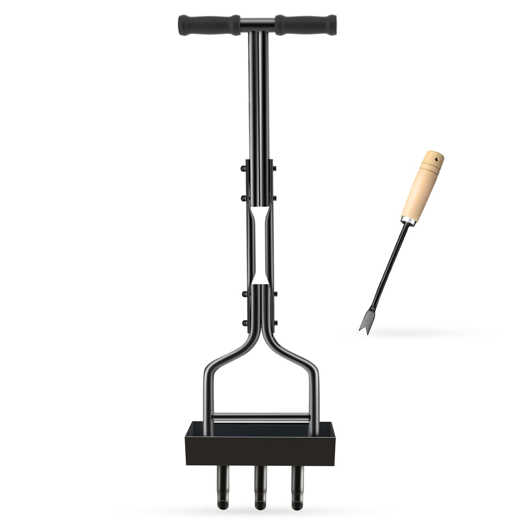 Photo 1 of Fnwsja Manual Lawn Aerator with Tray & 3 Hollow Slots Manual Soil Corer Collector Lawn Plug Core Aeration Tool Heavy Duty Lawn Core for Soils & Lawns Yard Garden, 37.6 inches, Black